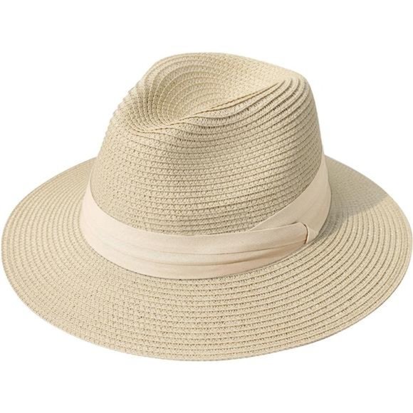 Women Wide Brim Straw Panama Roll up Hat Beige/Khaki